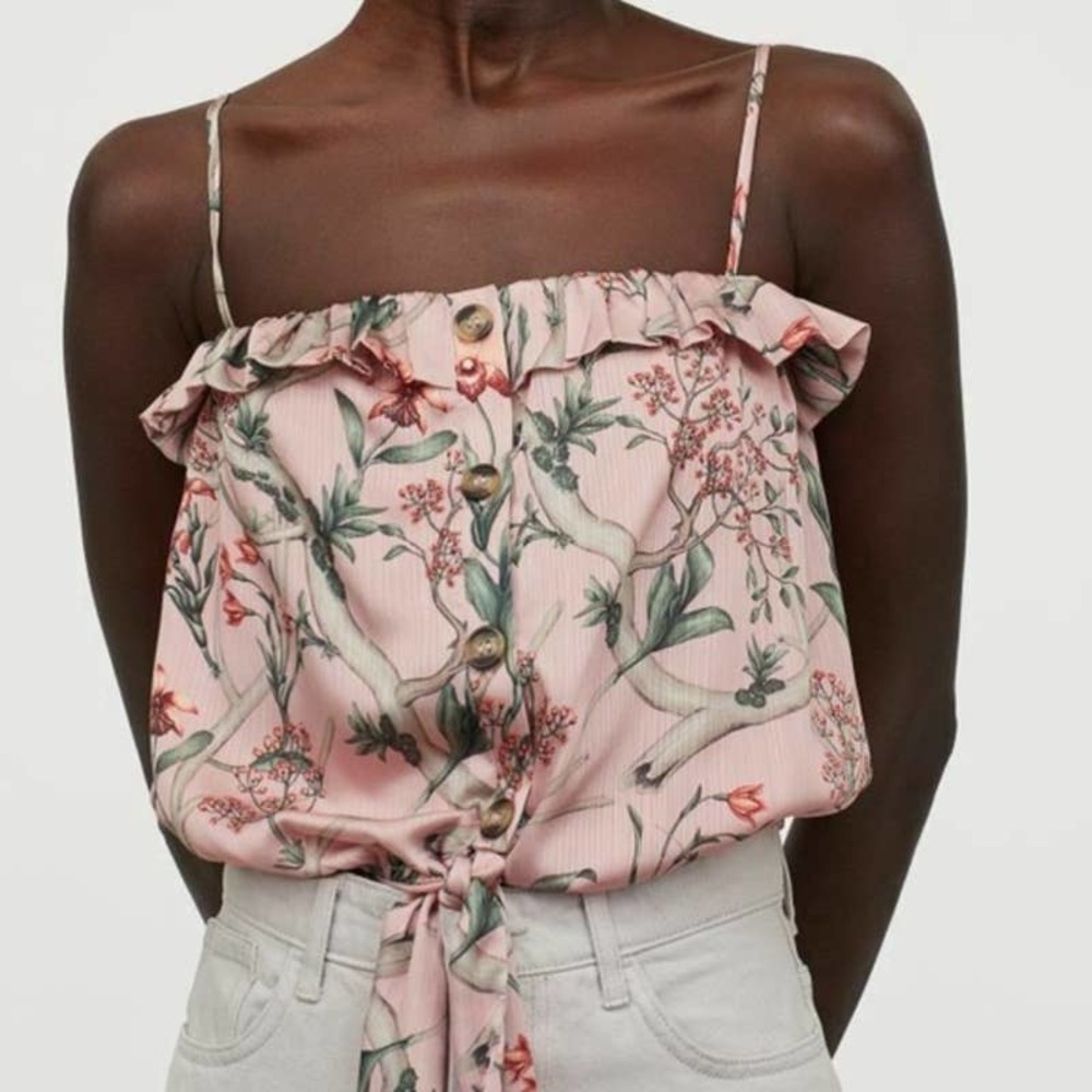 Johanna Ortiz x H&M Tie-hem Satin Pink Blouse Floral